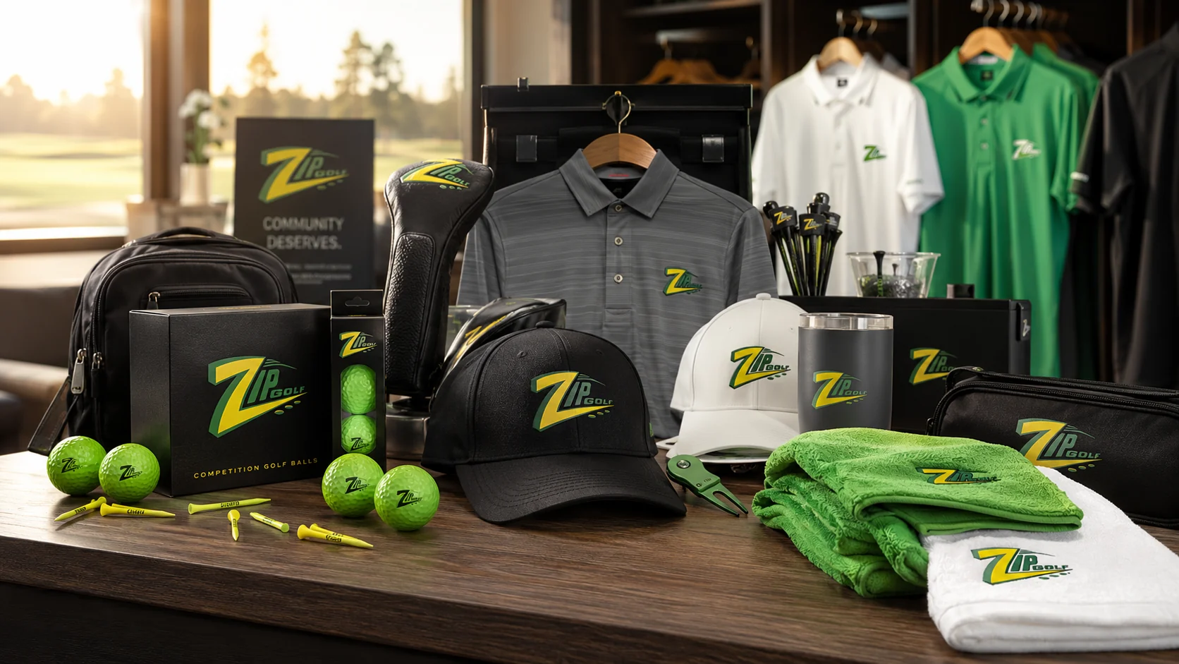Zip Golf merchandise including hats, polos, towels, balls and tees