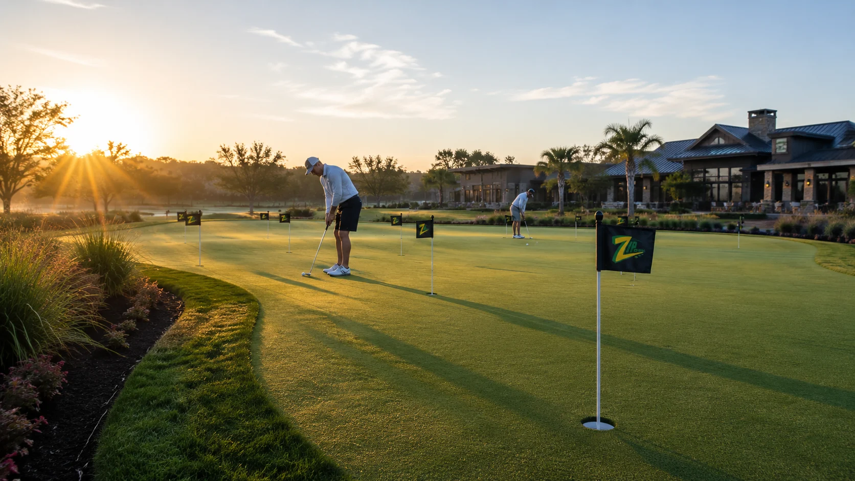 A Zip Golf green with multiple flags and players putting in warm sunrise light