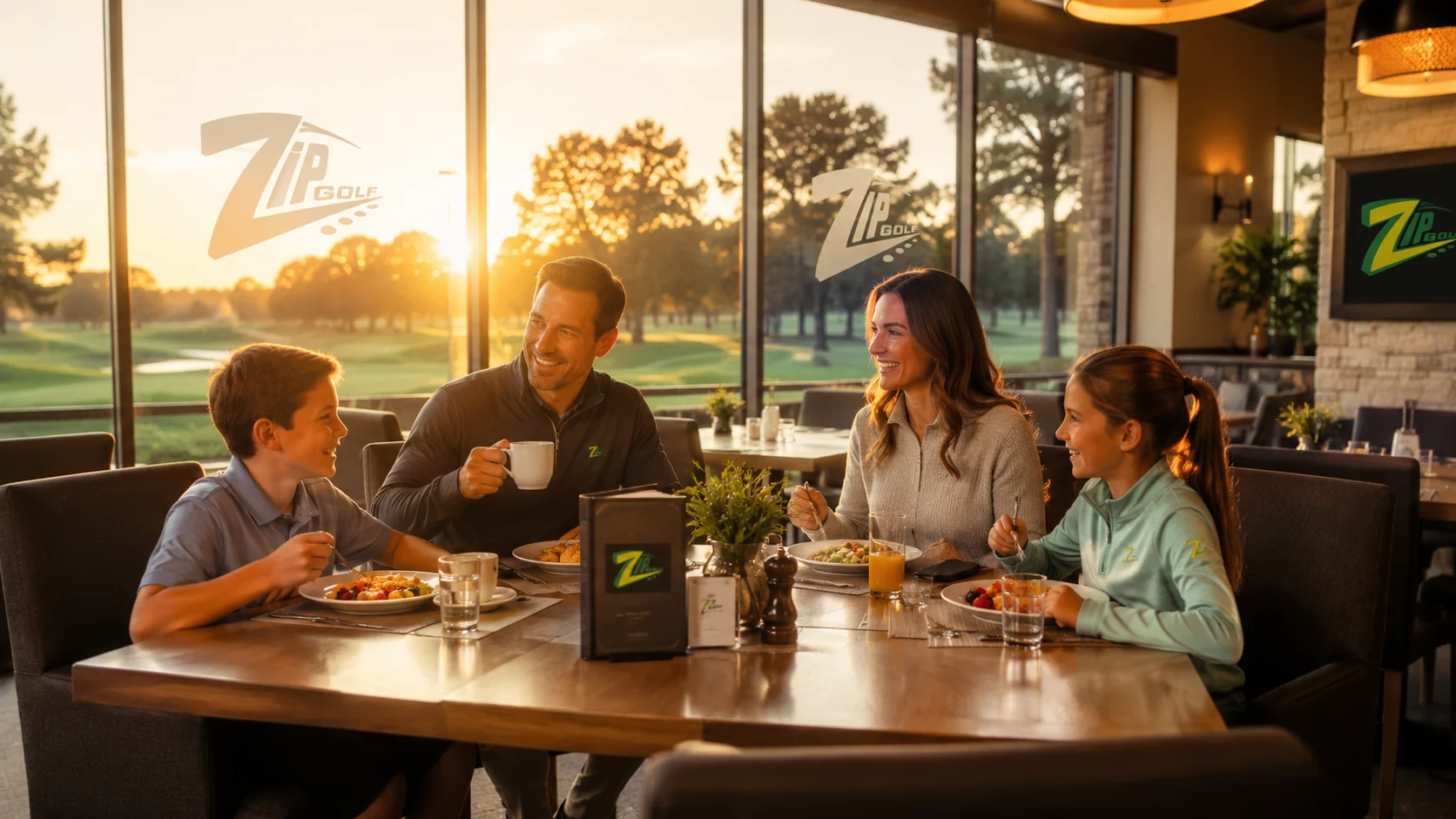 Family eating together inside the Zip Golf clubhouse restaurant with the course visible through the windows