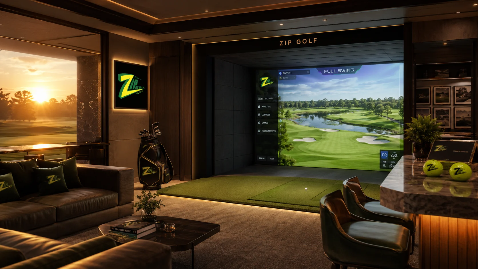 Luxury Zip Golf simulator lounge at sunset with branded screen and golf balls